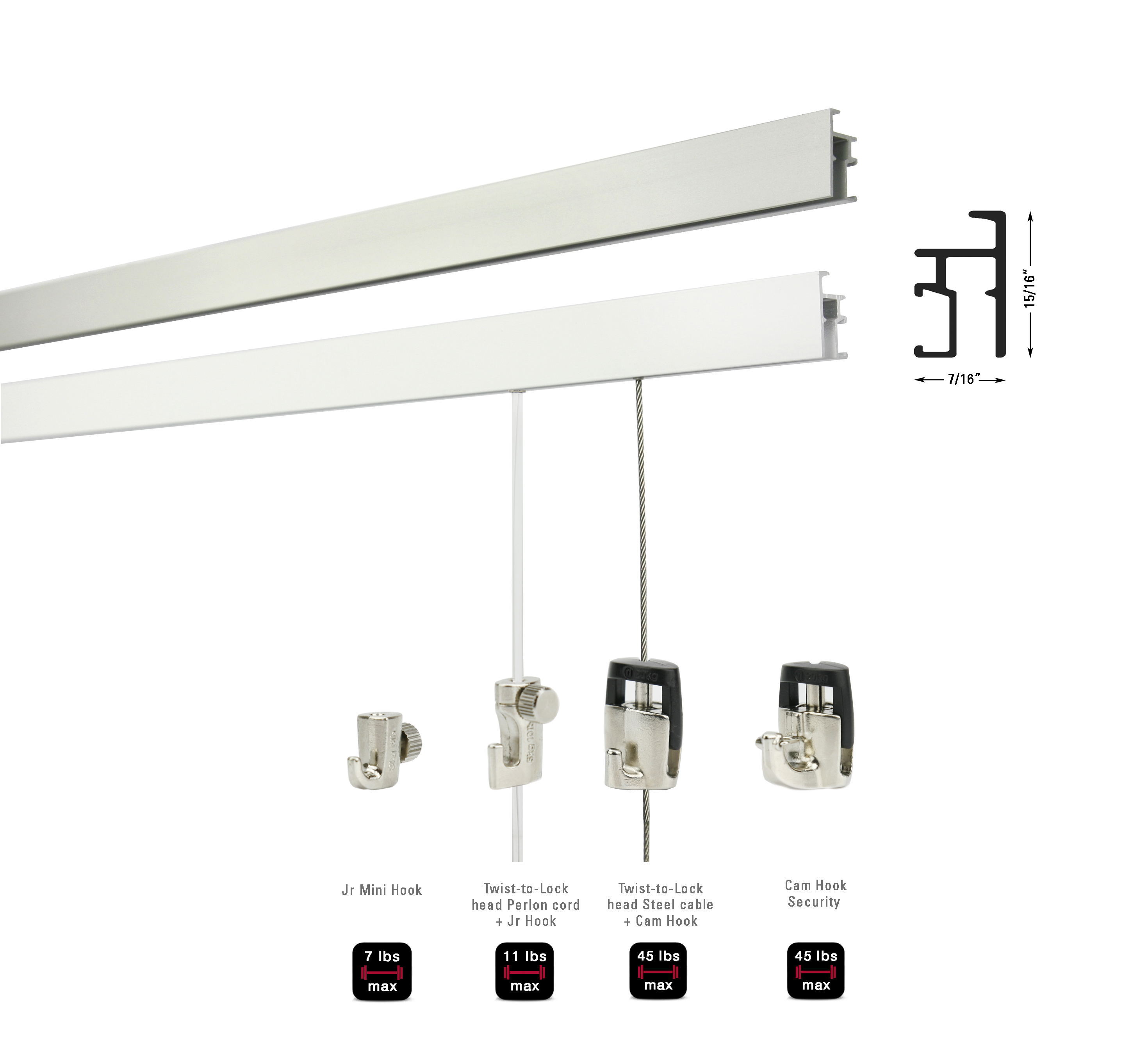 Shades Clicktrack Silver White with Cam Hook, Security Hook, Jr Hook Jr Mini Hook on Perlon Cord and Steel Cable